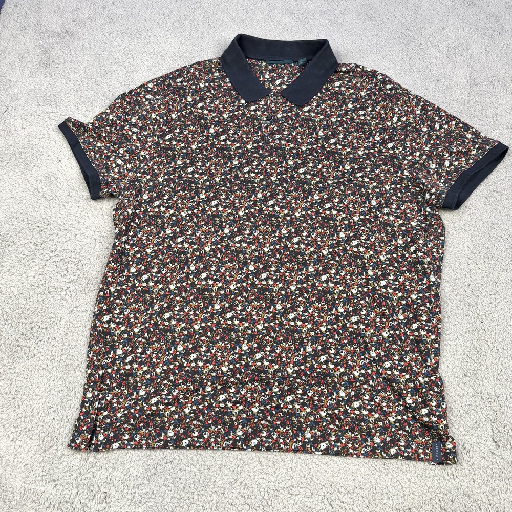 Perry Ellis Polo Shirt Mens 2XL Navy‎ Multicolor Ditsy Floral Print Short Sleeve